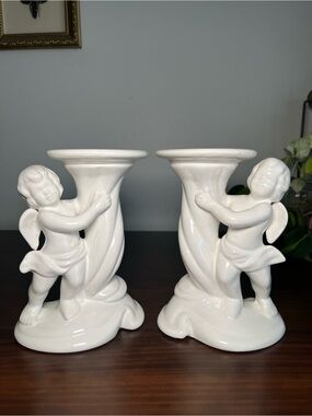 Set of 2 Vtg Atlantic Mold Cherub Angel Pedestal Candy Soap Dish Ceramic 80s